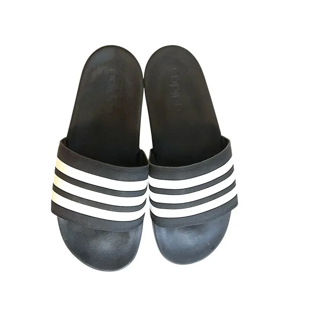 Adidas Sandals Men’s Size 8 Black White Striped Slip on Athlete‎ Sport Shower